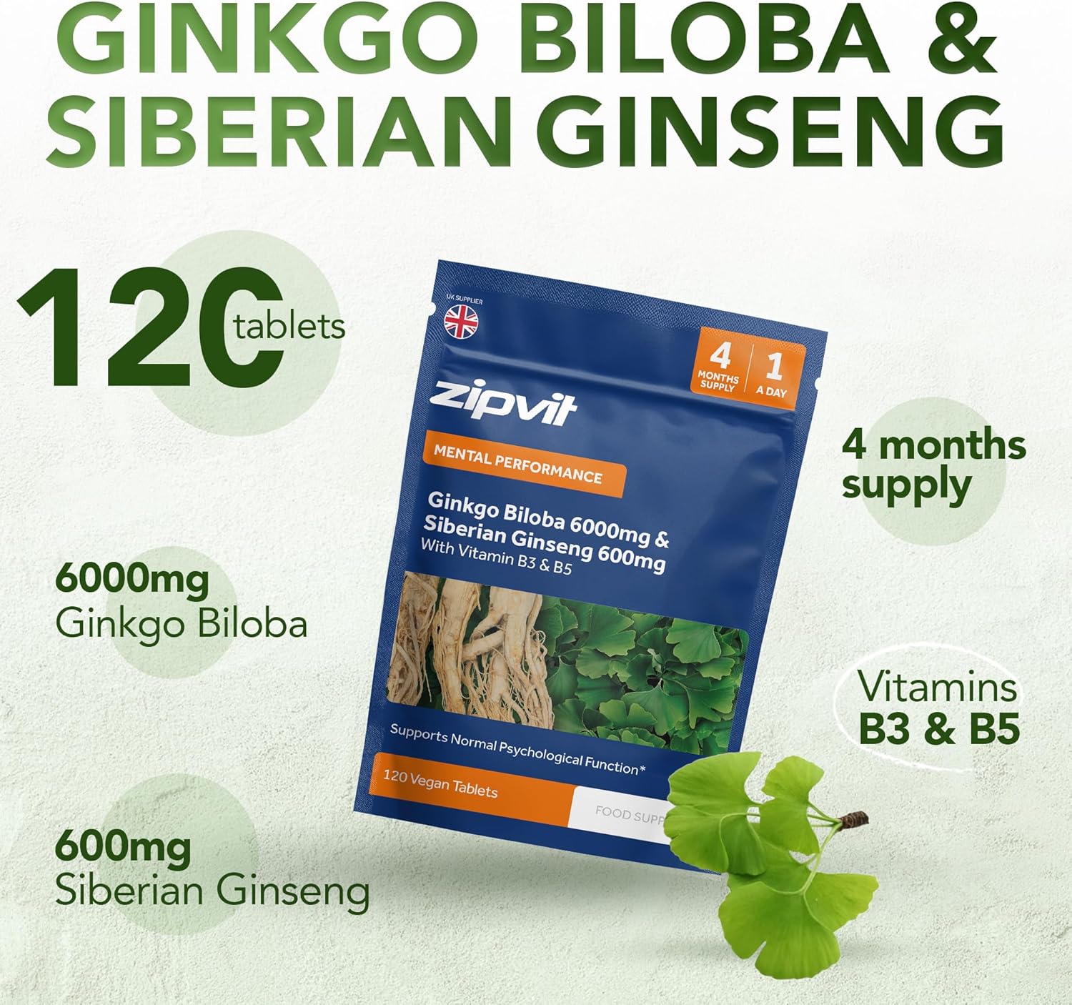 Zipvit Ginkgo Biloba 6000mg & Siberian Ginseng 600mg with Vitamins B3 & B5, 120 Vegan Tablets, Supports Psychological Function, Reduces Tiredness & Fatigue, Improves Mental Performance, 4 Month Supply-2