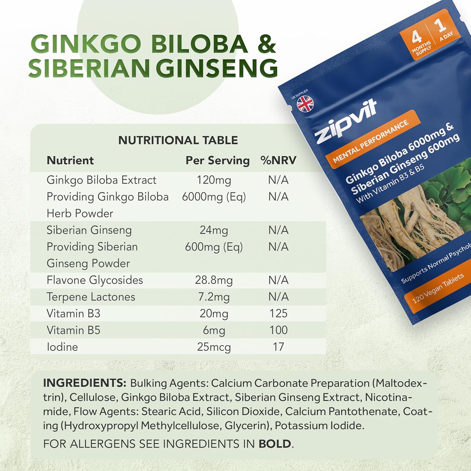 Zipvit Ginkgo Biloba 6000mg & Siberian Ginseng 600mg with Vitamins B3 & B5, 120 Vegan Tablets, Supports Psychological Function, Reduces Tiredness & Fatigue, Improves Mental Performance, 4 Month Supply-4