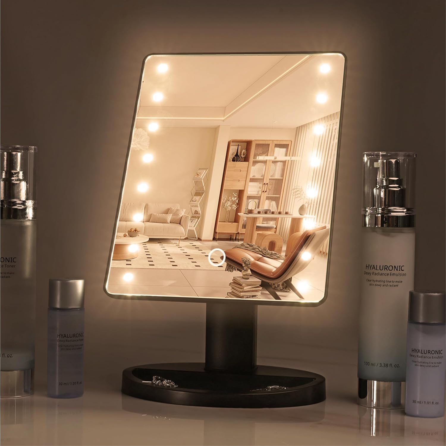 H&S Makeup Mirror with Lights - Light Up Vanity Mirror for Dressing Table Bathroom Desk - Battery Operated with LED Lights - Includes Detachable 10x Magnifying Mirror - Black-1