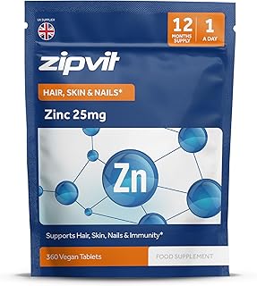 Zinc 25mg, 360 Vegan Tablets, Supports Hair, Skin, Nails, Bones & Vision, Promotes Immunity, Fertility & Reproduction for Men & Women, UK Supplier