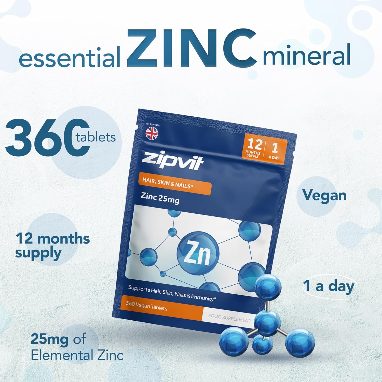 Zinc 25mg, 360 Vegan Tablets, Supports Hair, Skin, Nails, Bones & Vision, Promotes Immunity, Fertility & Reproduction for Men & Women, UK Supplier-2