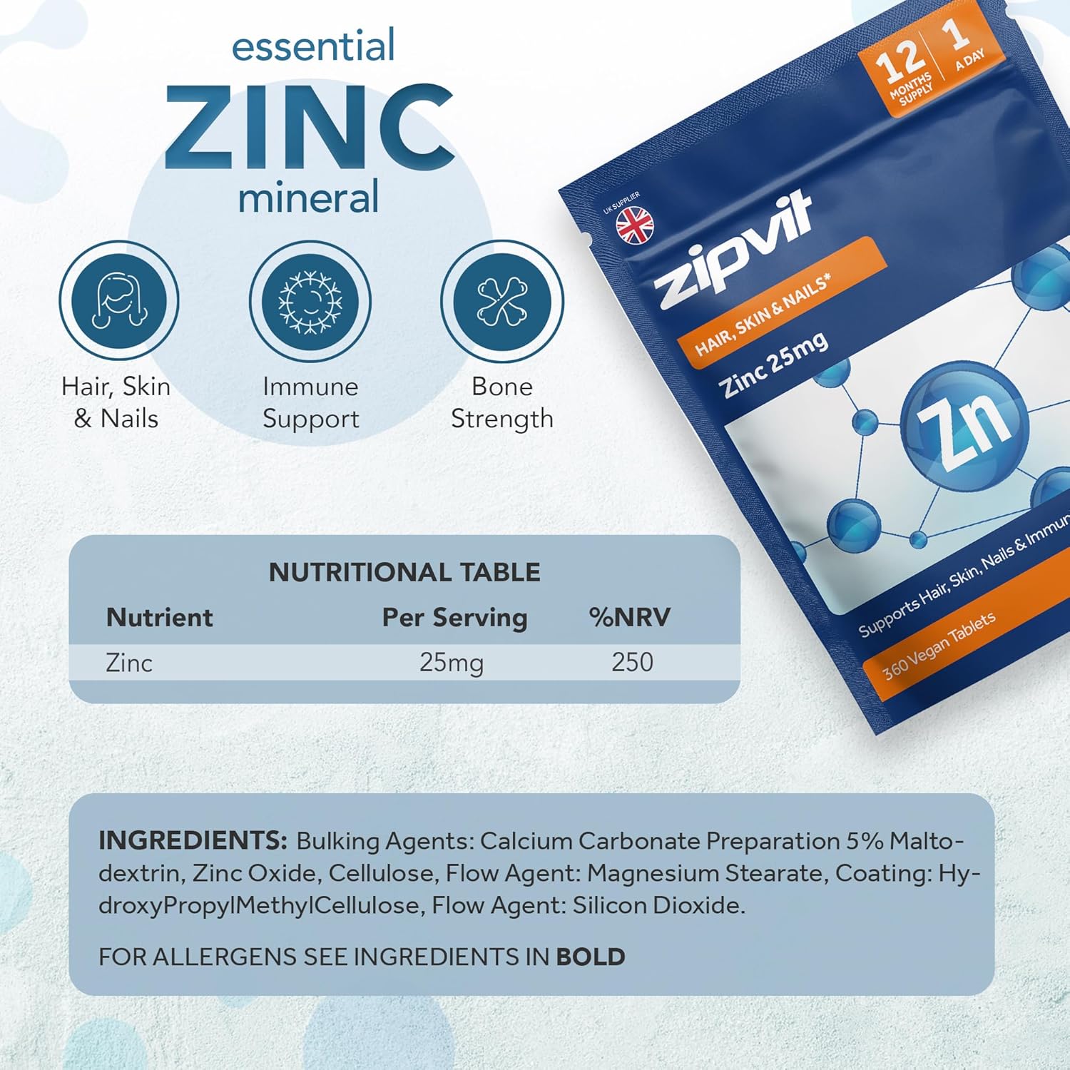 Zinc 25mg, 360 Vegan Tablets, Supports Hair, Skin, Nails, Bones & Vision, Promotes Immunity, Fertility & Reproduction for Men & Women, UK Supplier-4