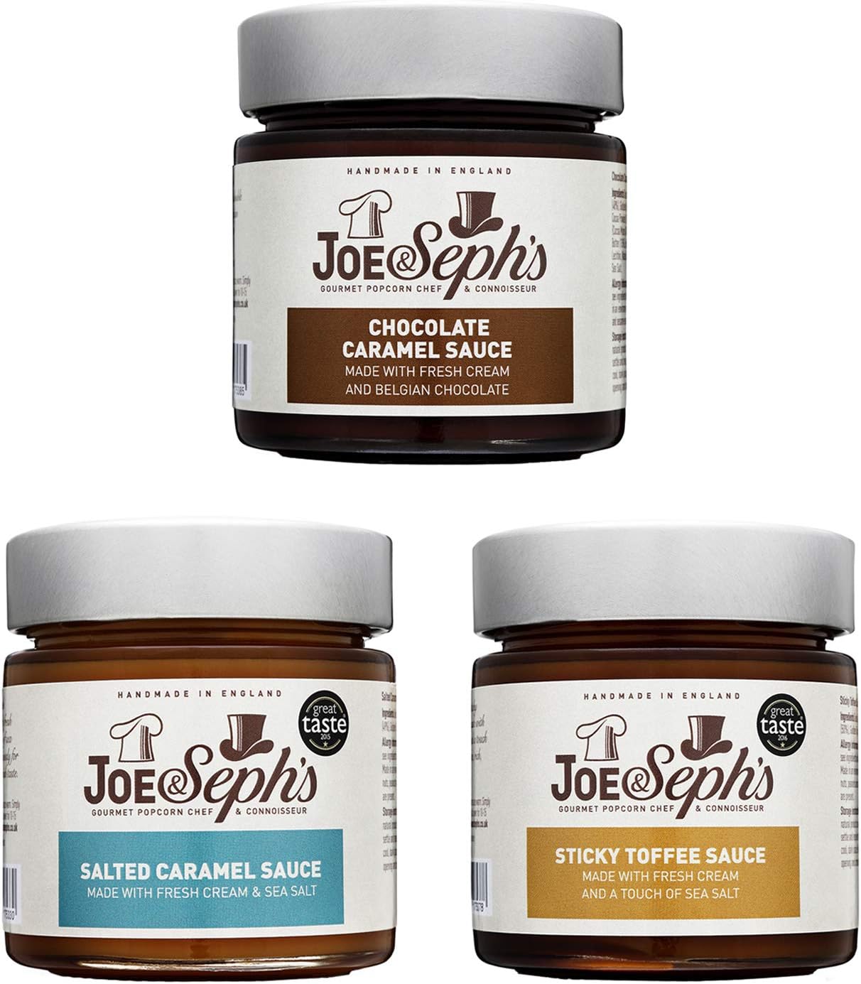 Joe & Seph's Caramel Dessert Sauce Discovery Selection Set - 3 x Jars | Handmade in the UK | Gluten Free | Suitable for Vegetarians | Home Baking | Ice-cream Toppings | Spread | Cakes - 690g-0