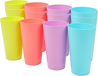 BELLE VOUS 12 Pack Coloured Plastic Cups - 600ml/20 fl oz - Reusable Drinking Tumblers in 4 Colours - Hard Plastic Drinkware for Parties, Camping, BBQs, Picnics & Beach - Dishwasher Safe & BPA Free