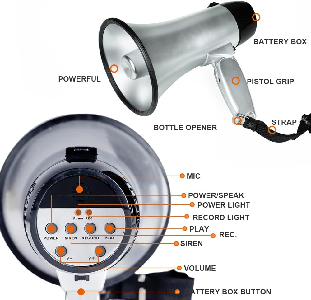 MyMealivos Portable megaphone bullhorn 20 Watt Power Megaphone Speaker Voice And Siren/Alarm Modes With Volume Control And Strap-2