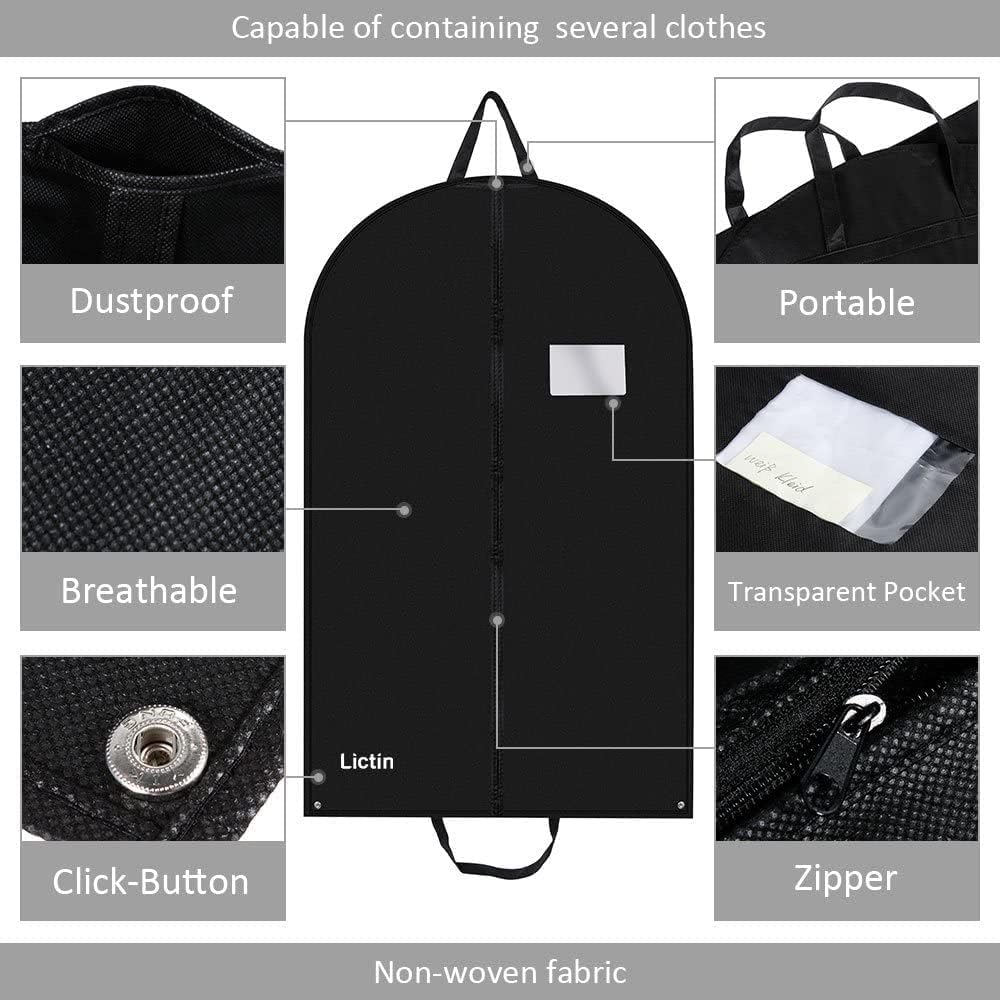 Lictin 100 * 60cm Breathable Garment Suit Clothes, Suit Bag Garment Bag Breathable Suit Protector Carrier with 1shoe cover and PVC Transparent Window for Wardrobe and Travel Dustproof (Blak, 3 pcs)-1