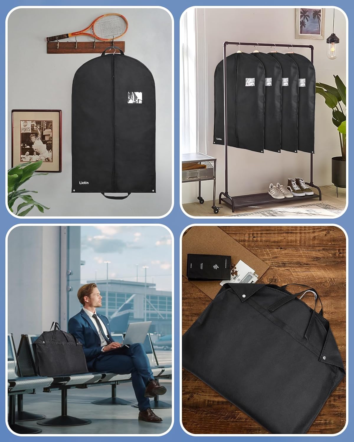 Lictin 100 * 60cm Breathable Garment Suit Clothes, Suit Bag Garment Bag Breathable Suit Protector Carrier with 1shoe cover and PVC Transparent Window for Wardrobe and Travel Dustproof (Blak, 3 pcs)-4