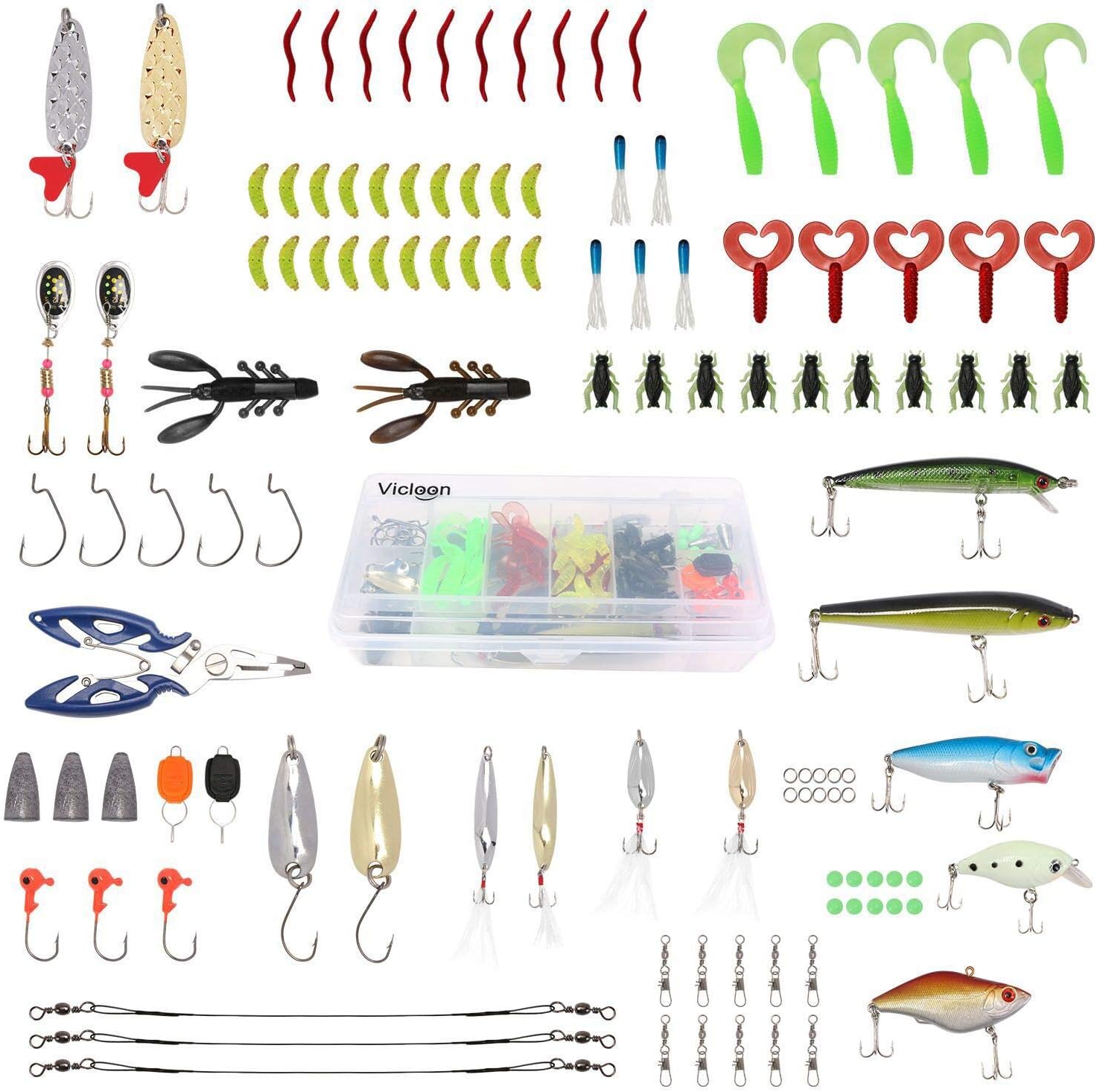 Vicloon 120 PCS Fishing Lures Mixed Including Spinners,VIB,Treble Hooks,Single Hooks,Swivels,Pliers and Tackle Box-3