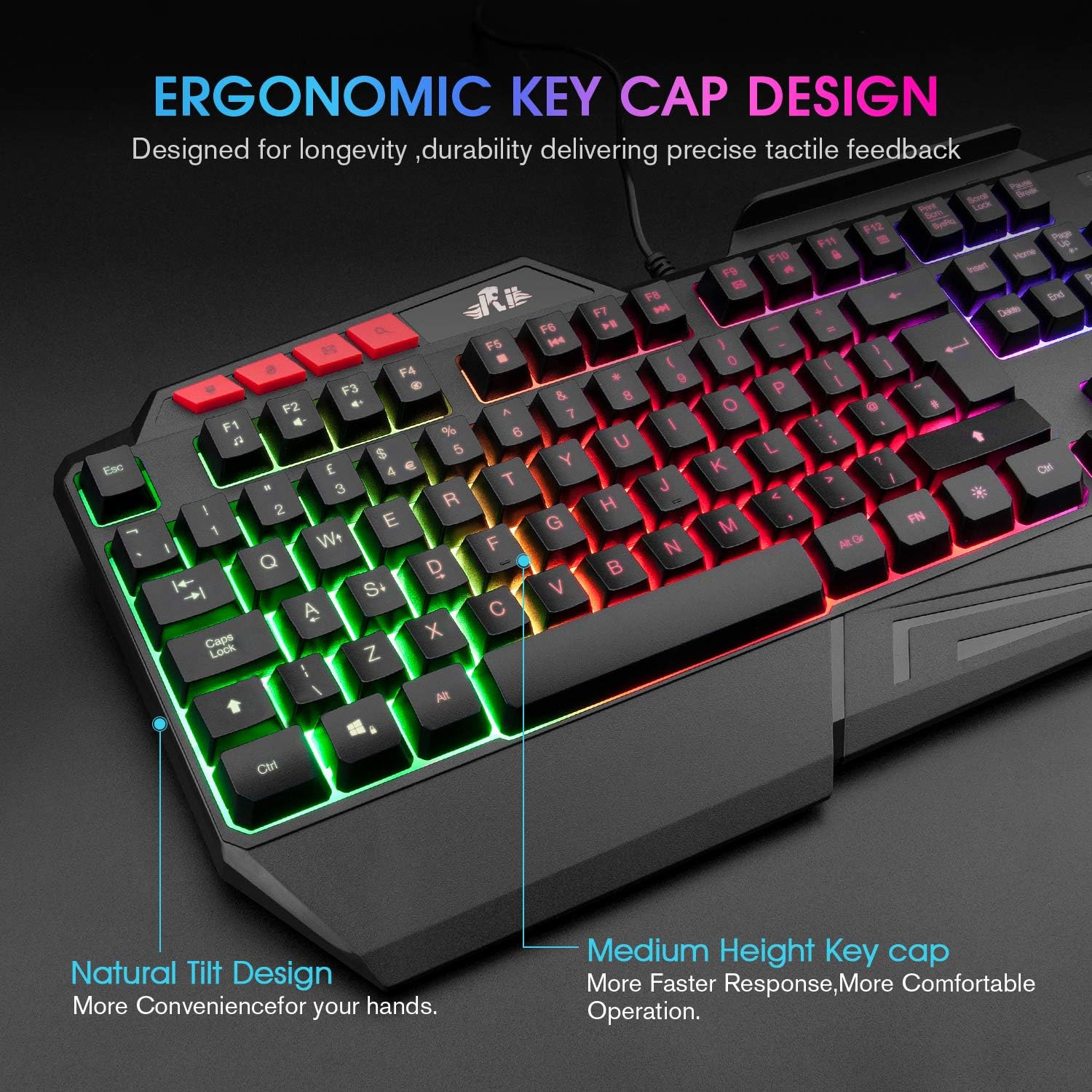 Rii RK202 Gaming Keyboard,LED Rainbow Backlit Light up Keyboard With Membrane Keys,Spill-Resistant,for PC Computer,Laptop,Windows,Gamer,Xbox one,PS4,PS5-UK Layout-2