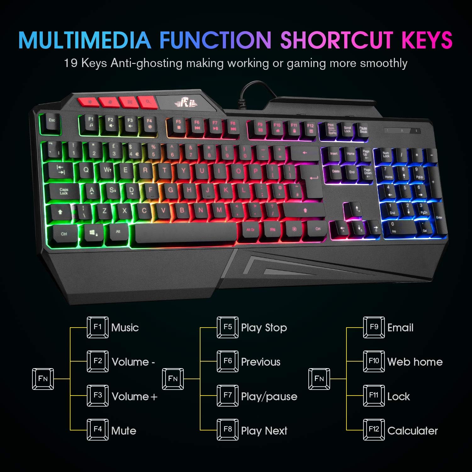 Rii RK202 Gaming Keyboard,LED Rainbow Backlit Light up Keyboard With Membrane Keys,Spill-Resistant,for PC Computer,Laptop,Windows,Gamer,Xbox one,PS4,PS5-UK Layout-3