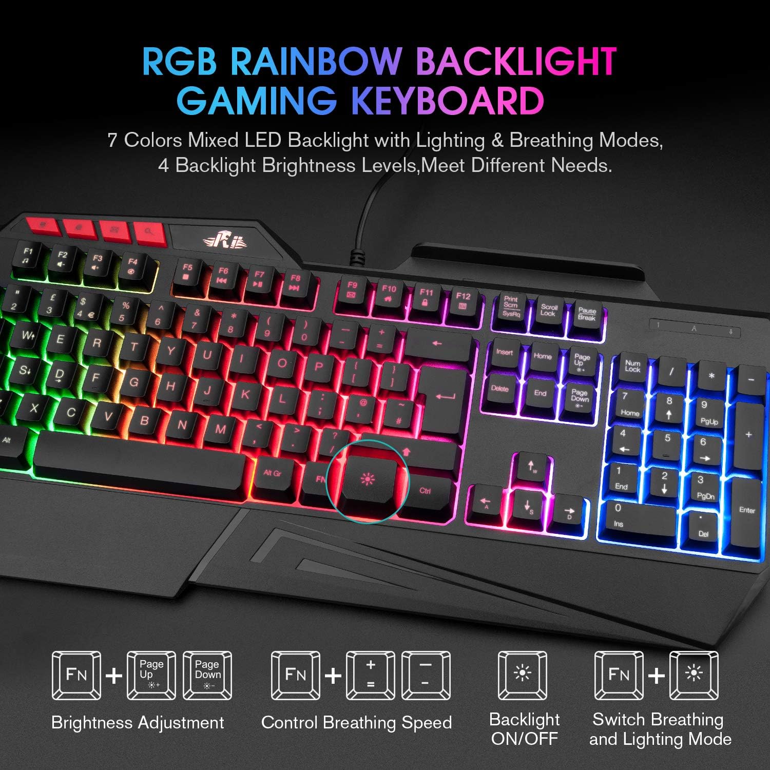 Rii RK202 Gaming Keyboard,LED Rainbow Backlit Light up Keyboard With Membrane Keys,Spill-Resistant,for PC Computer,Laptop,Windows,Gamer,Xbox one,PS4,PS5-UK Layout-4