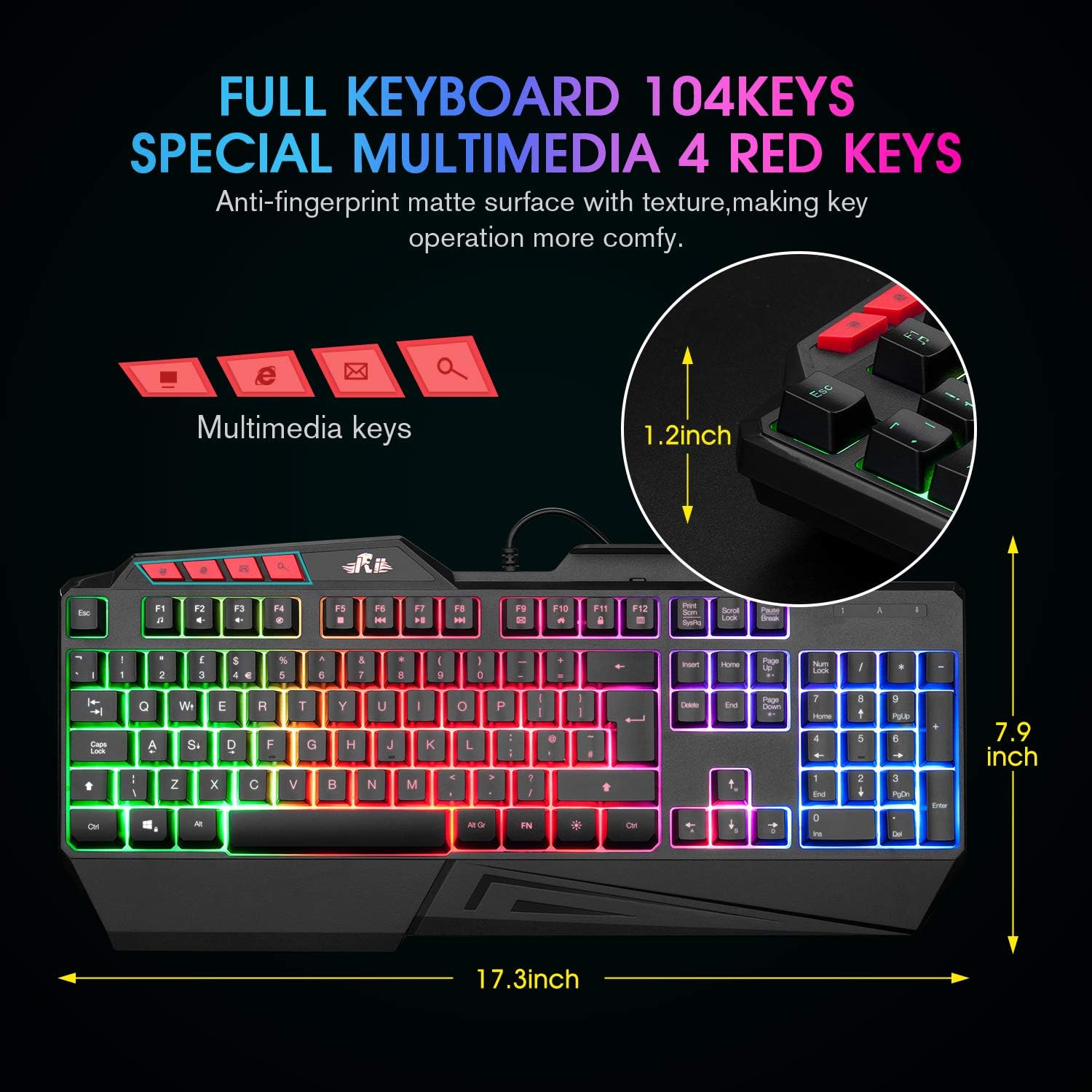 Rii RK202 Gaming Keyboard,LED Rainbow Backlit Light up Keyboard With Membrane Keys,Spill-Resistant,for PC Computer,Laptop,Windows,Gamer,Xbox one,PS4,PS5-UK Layout-5