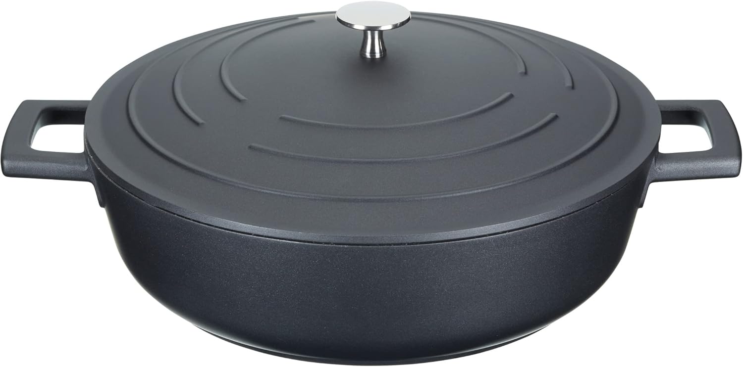 MasterClass Shallow Casserole Dish with Lid 4L/28 cm, Lightweight Cast Aluminium, Induction Hob and Oven Safe, Black-0