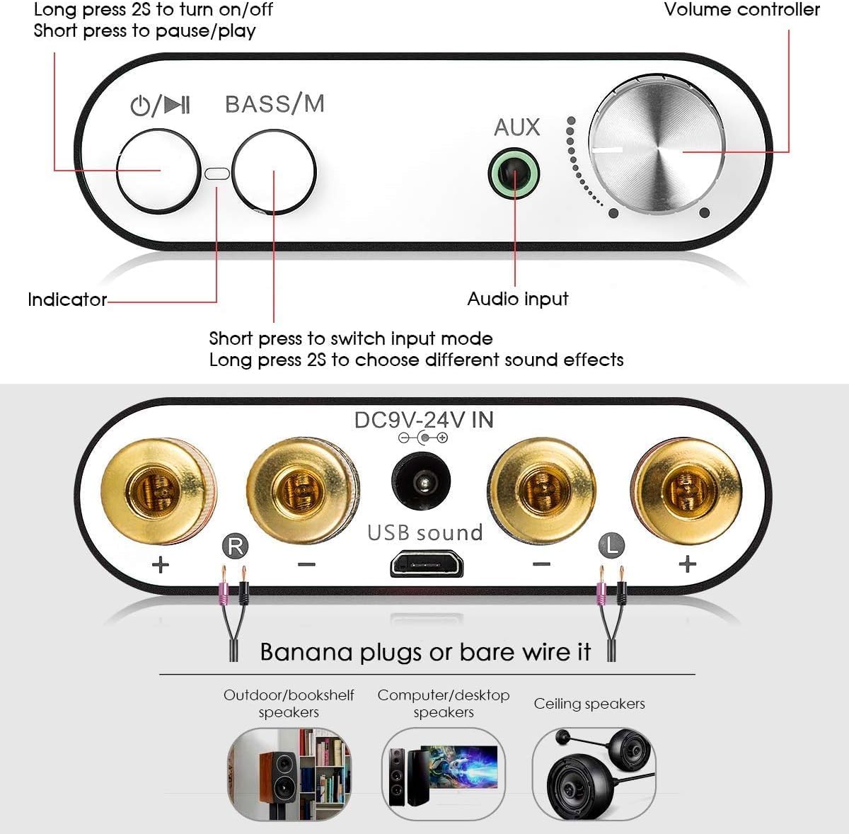 Nobsound NS-10G Bluetooth 5.0 2 Channel Power Amplifier HiFi Stereo Audio Mini Amp Wireless Receiver 50Wx2 for Home Speaker with USB & Bass Sound Effect (Black)-6