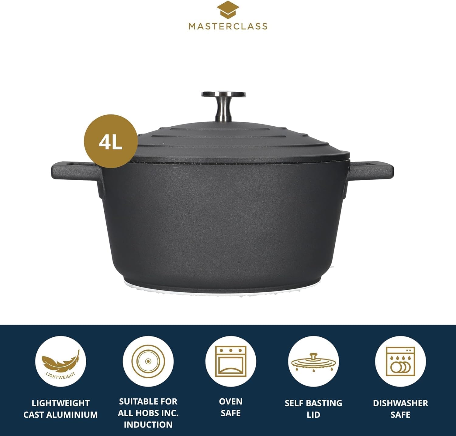 MasterClass Casserole Dish With Lid, Medium 4L/24 cm, Lightweight Cast Aluminium, Induction Hob And Oven Safe, Black-1