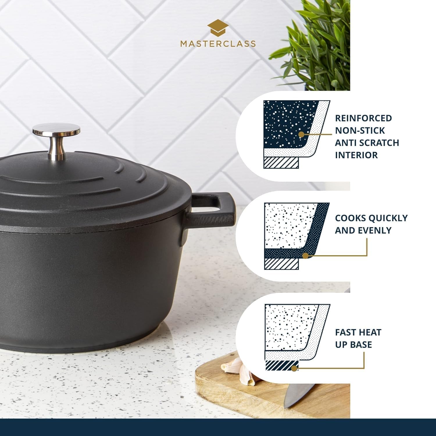 MasterClass Casserole Dish With Lid, Medium 4L/24 cm, Lightweight Cast Aluminium, Induction Hob And Oven Safe, Black-2