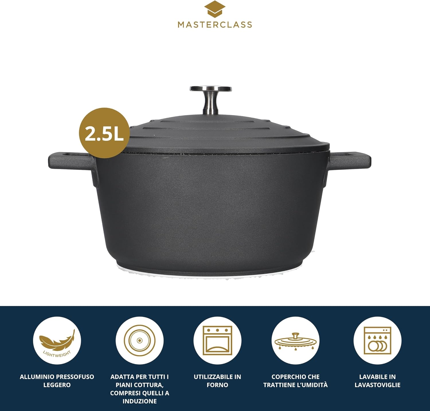 MasterClass Small Casserole Dish with Lid 2.5L/20 cm, Lightweight Cast Aluminium, Induction Hob and Oven Safe, Black-1