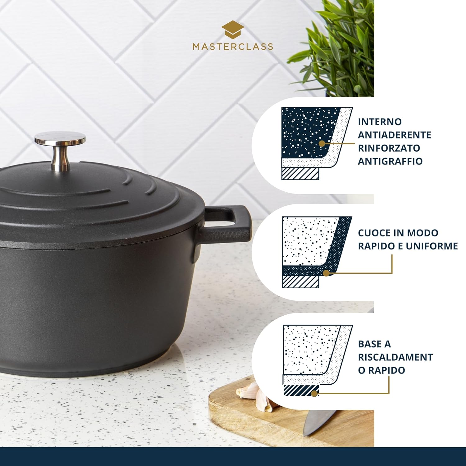 MasterClass Small Casserole Dish with Lid 2.5L/20 cm, Lightweight Cast Aluminium, Induction Hob and Oven Safe, Black-3