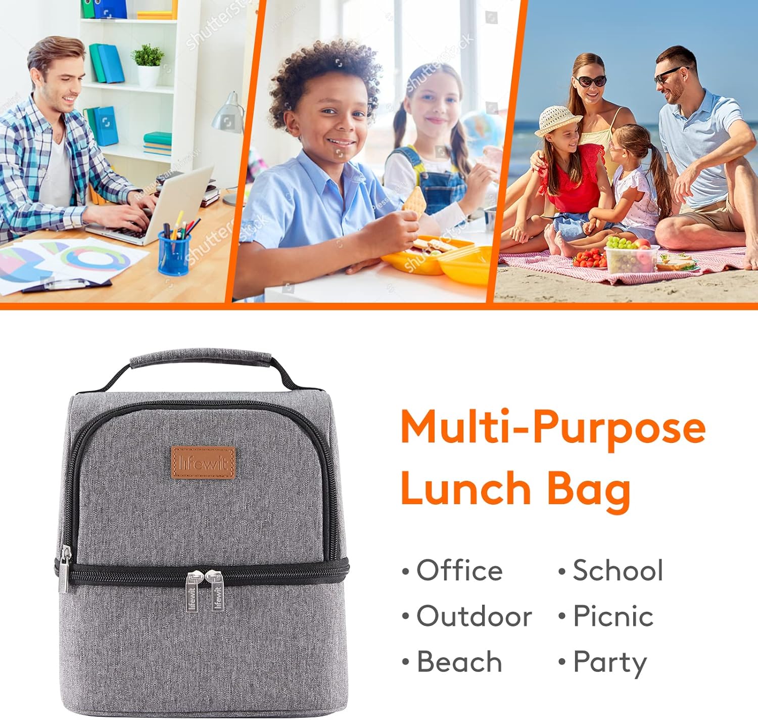 Lifewit 7L Dual Compartment Insulated Lunch Bag for Adults/Men/Women/Kids, Water-Resistant Leakproof Soft Sided Cooler Bag Thermal Bento Box for Work/School/Picnic (Grey)-5