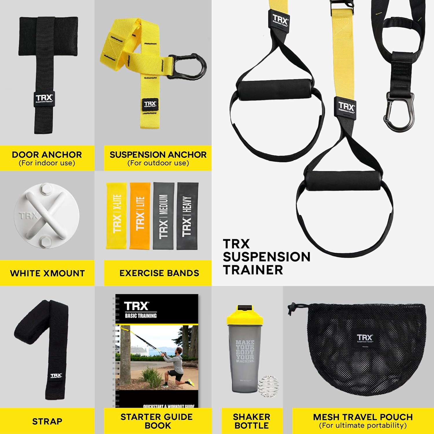 TRX All-in-One Suspension Trainer Bundle - Seasoned Gym Enthusiast, Includes TRX Training Club Access, XMount Wall Anchor, 4 Exercise Bands & Shaker Bottle-1