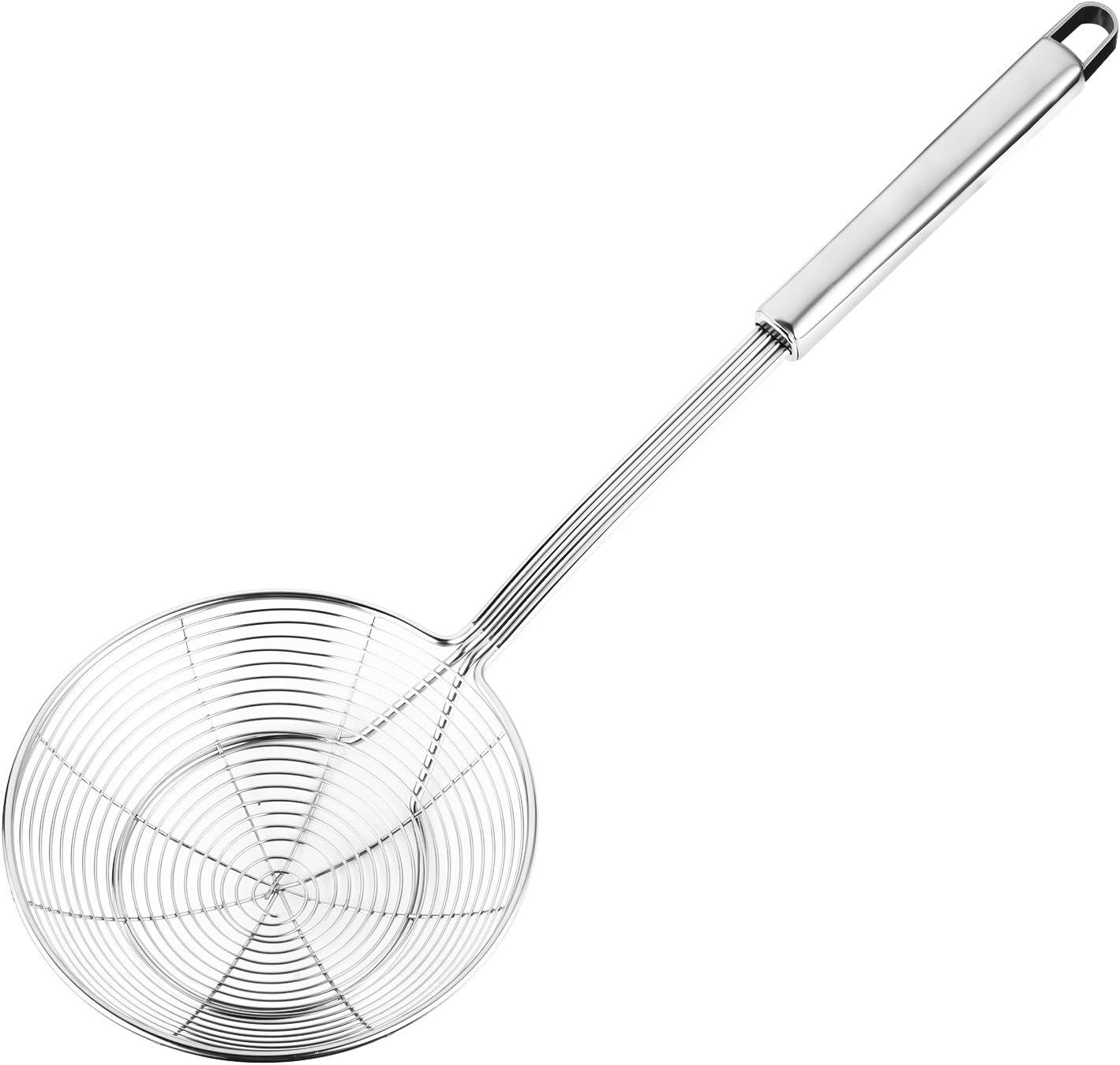 Hiware Solid Stainless Steel Spider Strainer Skimmer Ladle for Cooking and Frying, Kitchen Utensils Wire Strainer Pasta Strainer Spoon, 5.4 Inch-0