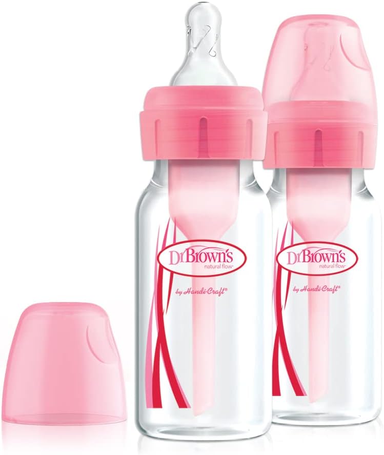 Dr Brown's Natural Flow Anti-Colic Options+ Narrow Baby Bottle, 4oz/120 ml, with Level 1 Slow Flow Teat, Pack of 2, Pink-0