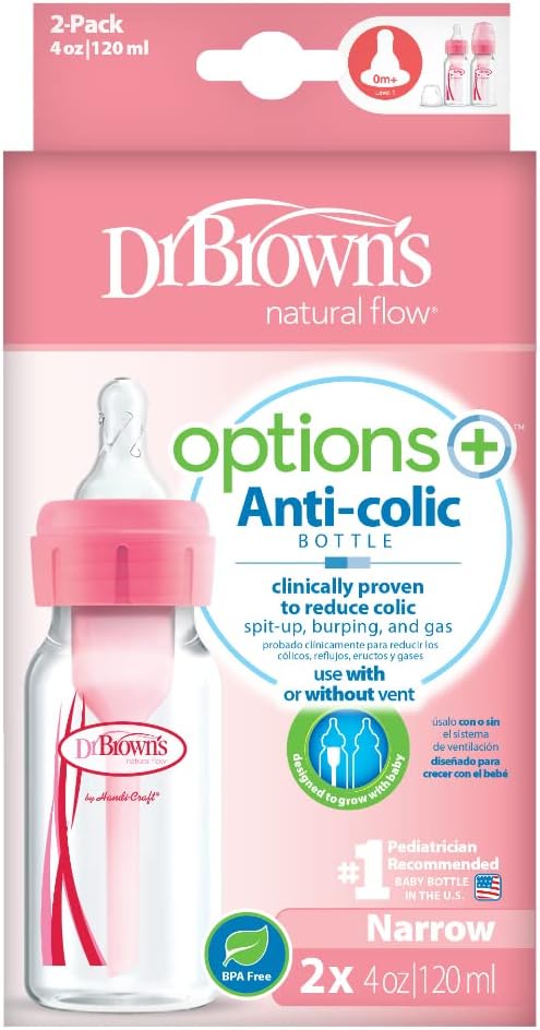 Dr Brown's Natural Flow Anti-Colic Options+ Narrow Baby Bottle, 4oz/120 ml, with Level 1 Slow Flow Teat, Pack of 2, Pink-2