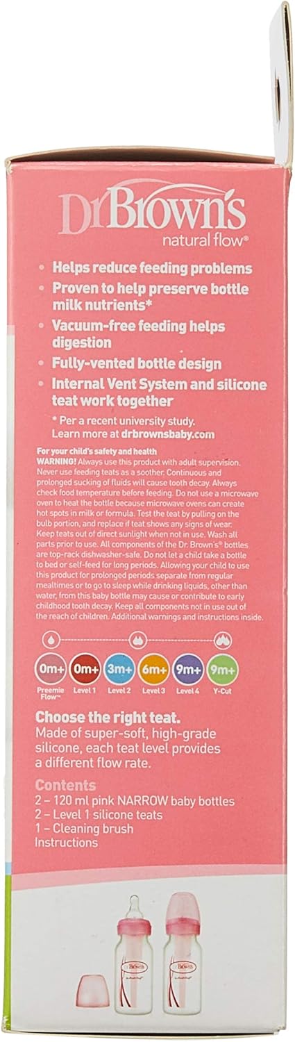 Dr Brown's Natural Flow Anti-Colic Options+ Narrow Baby Bottle, 4oz/120 ml, with Level 1 Slow Flow Teat, Pack of 2, Pink-4