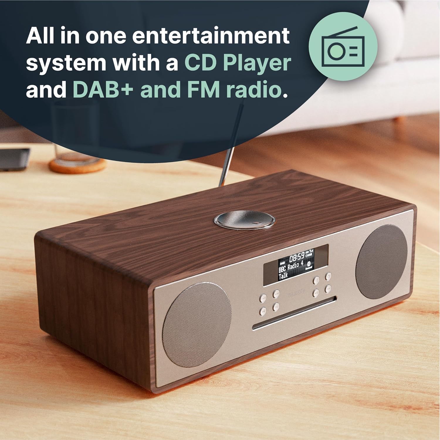 DAB+ Radio & CD Player | Compact Wooden Hi-Fi Music System | Bluetooth Digital Home Stereo | FM, 20 Presets, Dual Alarm, & Remote Control | AUX & USB Input | USB Charging | MAJORITY Oakington (Walnut)-1