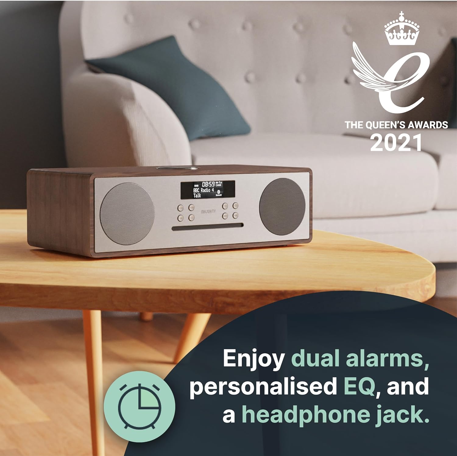 DAB+ Radio & CD Player | Compact Wooden Hi-Fi Music System | Bluetooth Digital Home Stereo | FM, 20 Presets, Dual Alarm, & Remote Control | AUX & USB Input | USB Charging | MAJORITY Oakington (Walnut)-2