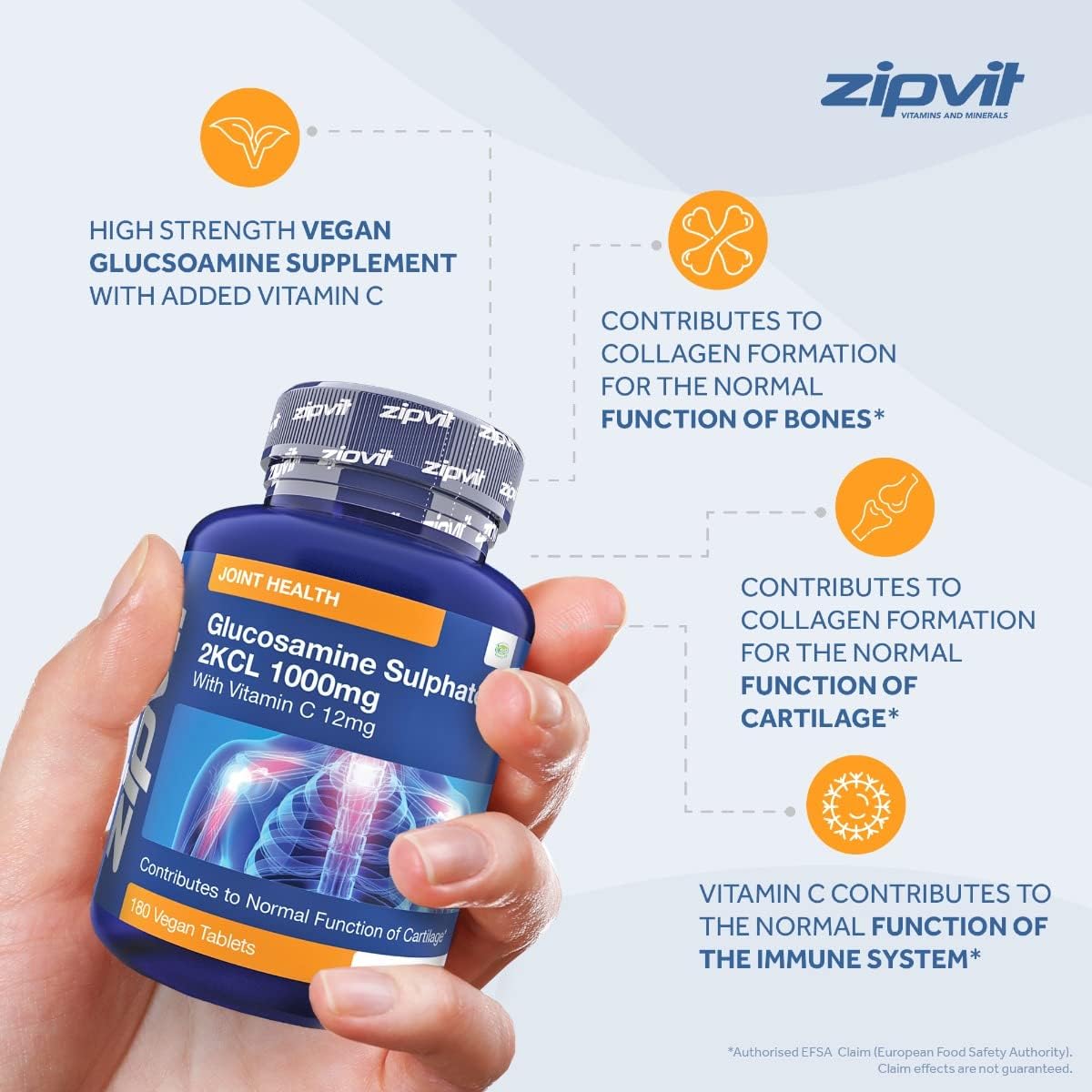 Zipvit Glucosamine Sulphate 2KCl 1000mg with Vitamin C, 180 Vegan Tablets, Supports Bones, Cartilage & Collagen, Reduces Tiredness & Fatigue, Joint Health Supplement, 6 Month Supply-4