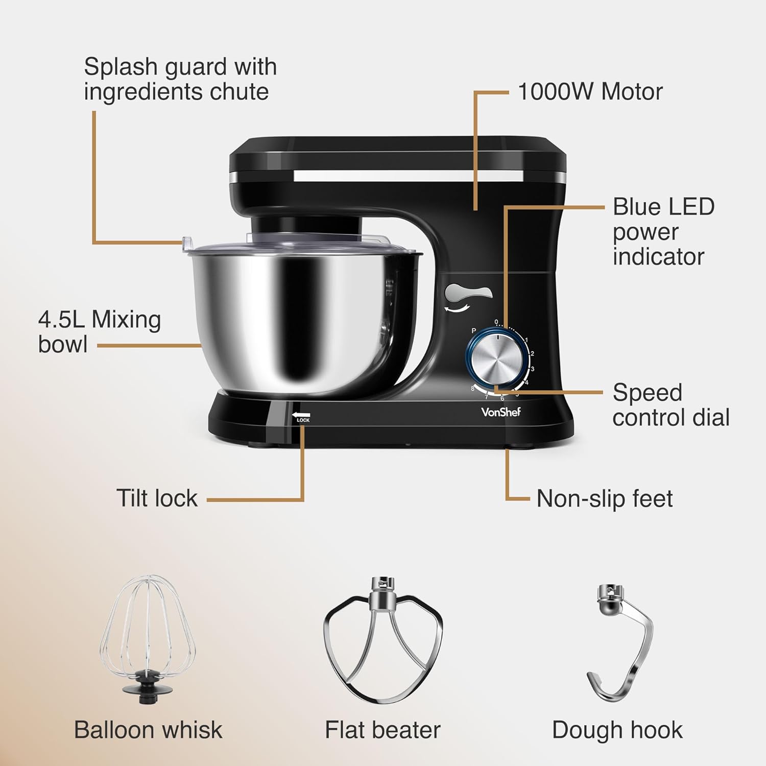 VonShef Black Food Mixer - Electric 8 Speed 1000W Stand Mixer, 4.5L Stainless Steel Mixing Bowl, Beater, Dough Hook & Balloon Whisk for Baking-1