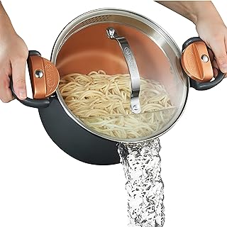 Gotham Steel 5 Quart Stock Multipurpose Pasta Pot with Strainer Lid and Twist and Lock Handles, Nonstick Ceramic Surface Makes for Effortless Cleanup with Tempered Glass Lid, Dishwasher Safe, Graphite