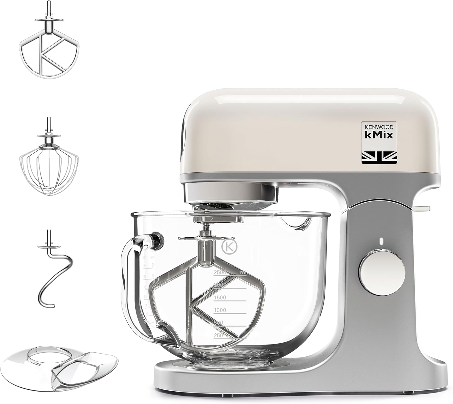 Kenwood kMix Stand Mixer for Baking, Stylish Kitchen Mixer with K-beater, Dough Hook and Whisk, 5L Glass Bowl, Removable Splash Guard, 1000 W, Cream-0