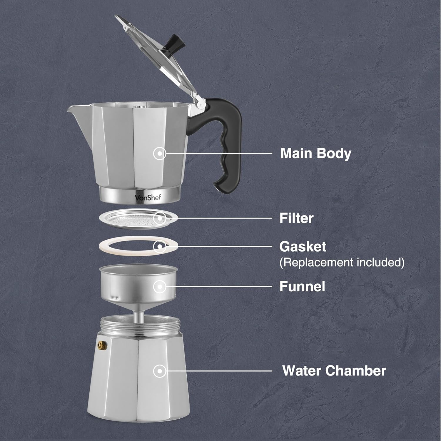 VonShef Stovetop Coffee Maker, 12 Cup Aluminium Italian Espresso Maker, 600ml Gas & Electric Stove Top Moka Pot with Replacement Gasket & Filter-3