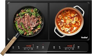 VonShef Double Induction Hob - 2800W Portable Dual, Twin Plate Electric Table Top with LED Display, Built-In Timer, 10 Heat Settings 60-240°C - Black