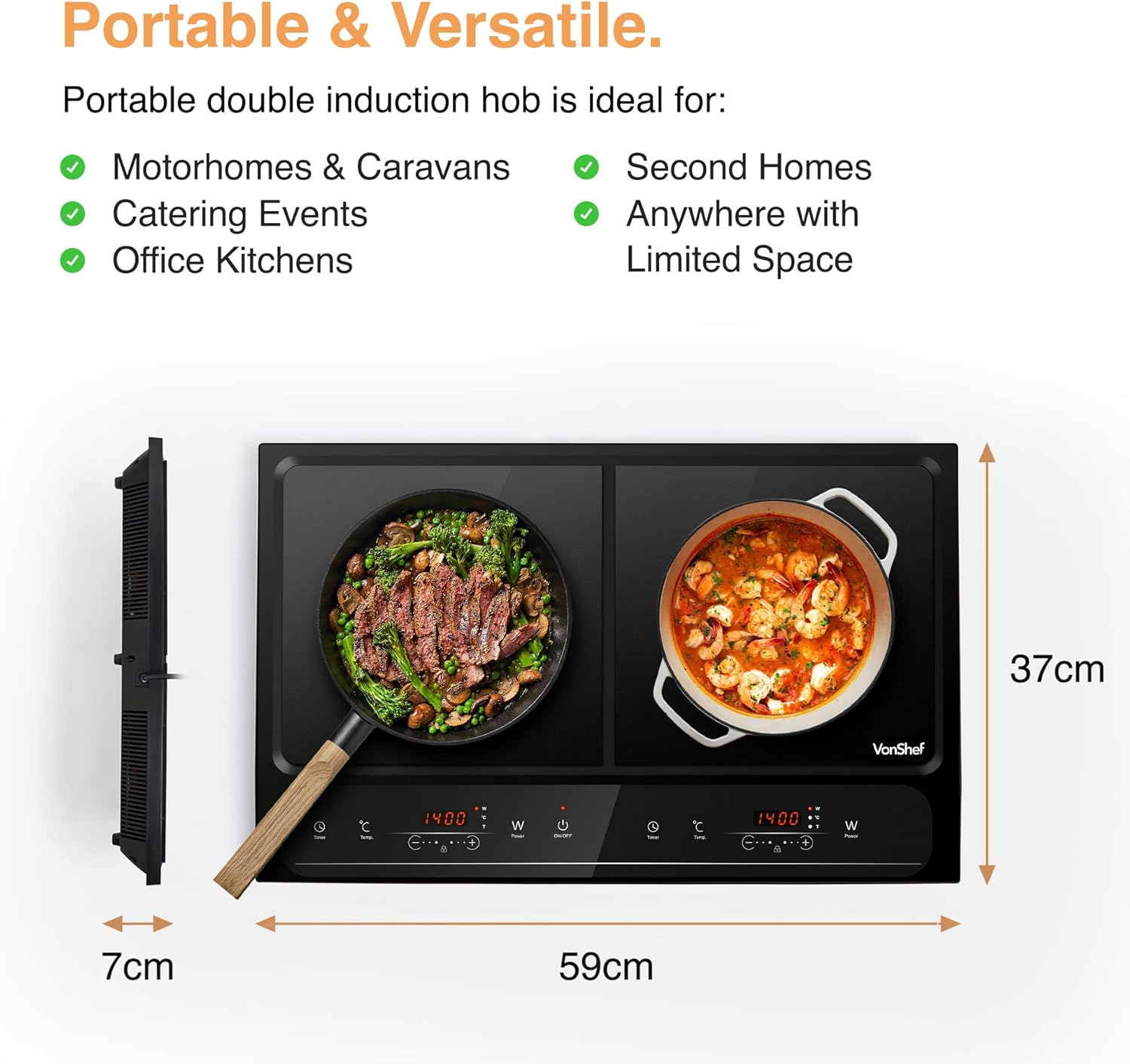 VonShef Double Induction Hob - 2800W Portable Dual, Twin Plate Electric Table Top with LED Display, Built-In Timer, 10 Heat Settings 60-240°C - Black-1