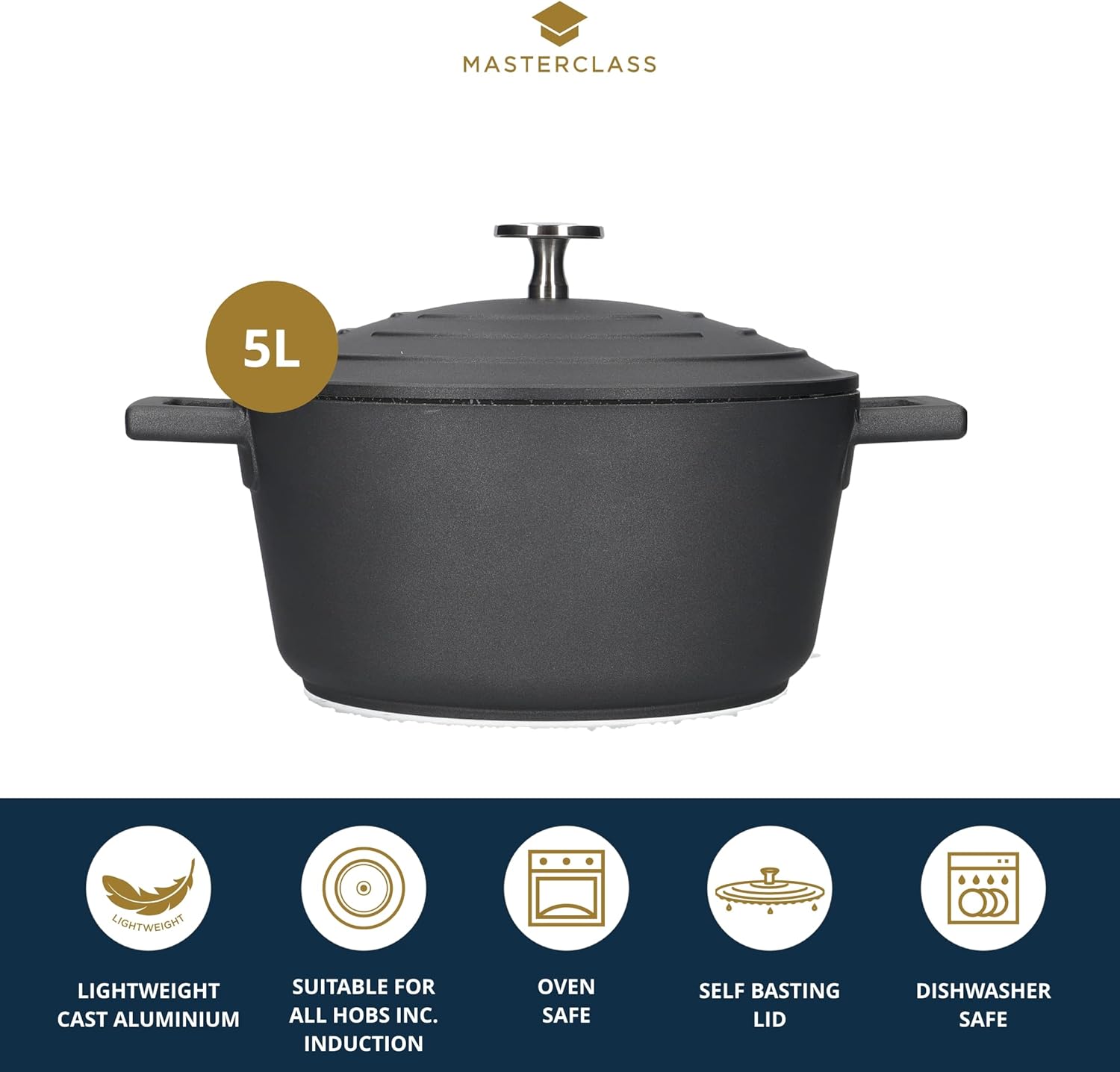 MasterClass Casserole Dish with Lid, Large 5L/28 cm, Lightweight Cast Aluminium, Induction Hob and Oven Safe, Black-2