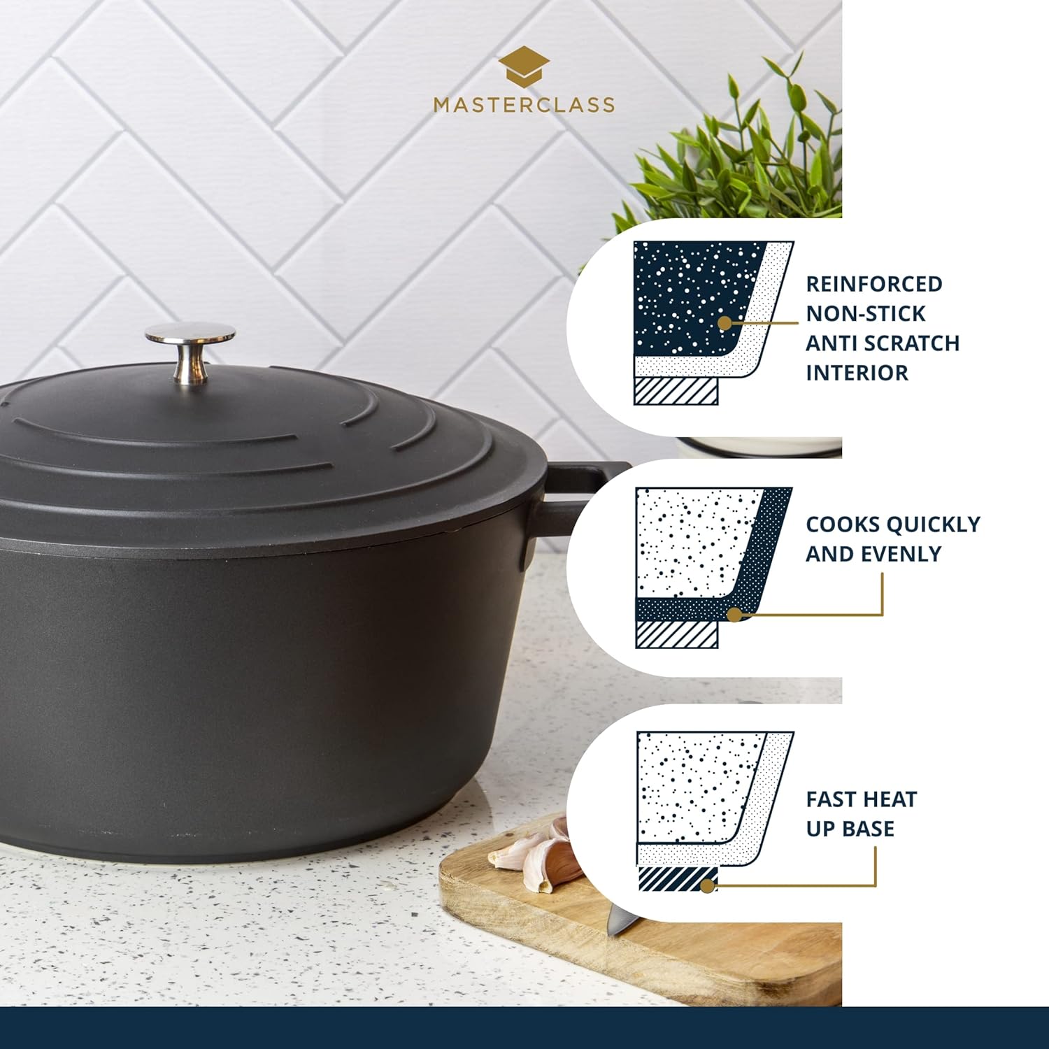 MasterClass Casserole Dish with Lid, Large 5L/28 cm, Lightweight Cast Aluminium, Induction Hob and Oven Safe, Black-3