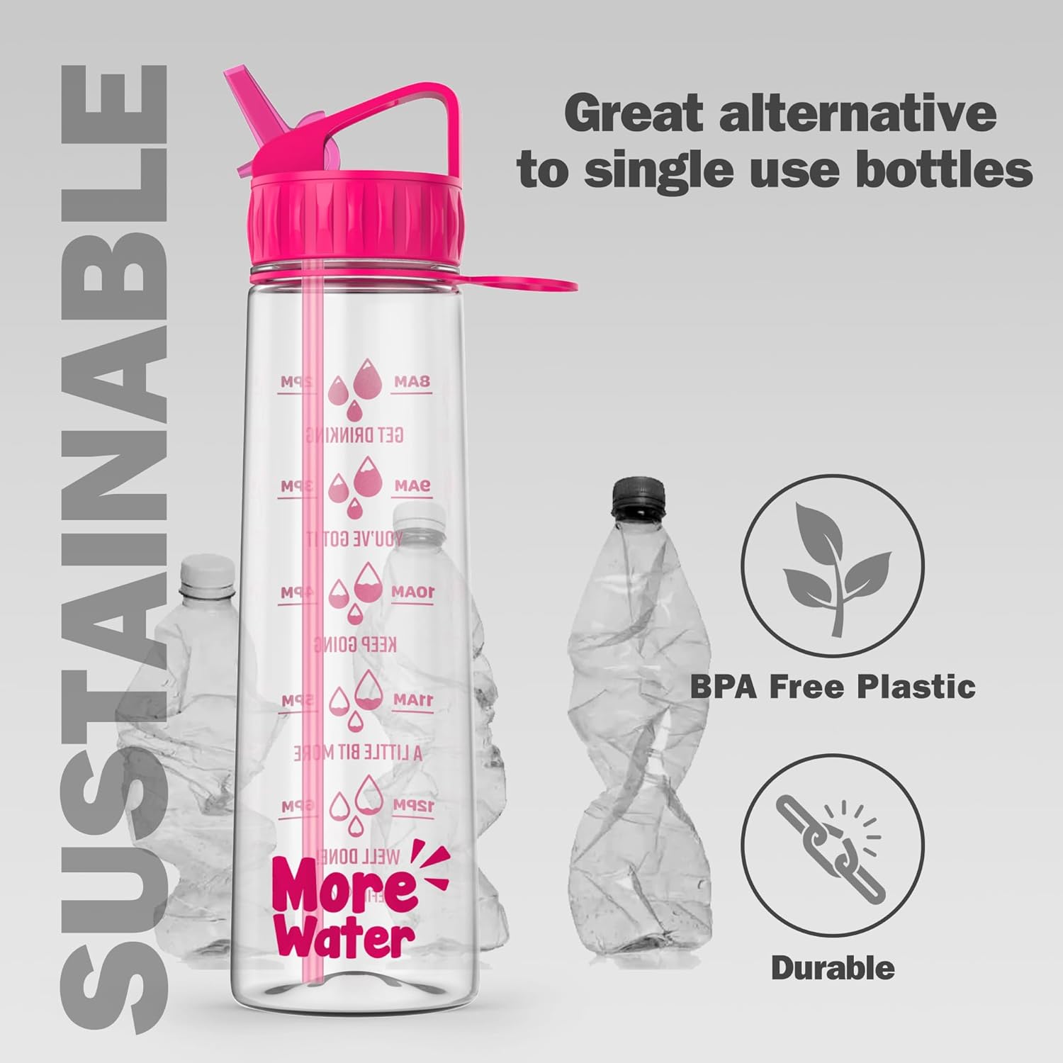 More Water Bottle With Straw, Motivational Time Markings 900ml - Drinking Tracker Bottle - Times to Drink - BPA Free Sports Bottle-1