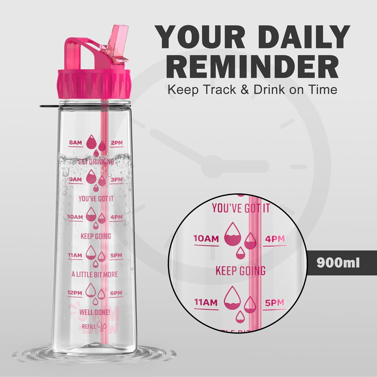 More Water Bottle With Straw, Motivational Time Markings 900ml - Drinking Tracker Bottle - Times to Drink - BPA Free Sports Bottle-2