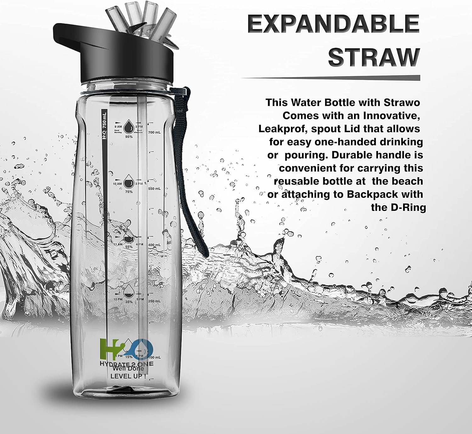 HYDRATE 2.ONE Water Bottle - 750ml Leakproof BPA-Free Sports Bottle with Straw, Time Markings, and Motivational Design - Ideal for Gym, Men, Women, and Kids - Reusable and Eco-Friendly-2