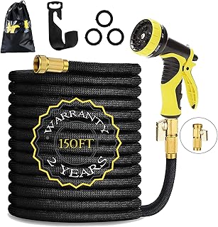 HmiL-U Garden Hose 150ft 45m Strongest Double Latex Inner Tube Prevent Leaking Magic Hosepipe with 9 Function Spray Gun+Solid Brass Fittings (Retracted Length 50ft)【2 YEARS 100% Guaranteed】(150ft)