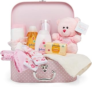 Baby Box Shop 11 Newborn Baby Girl Gifts, Ideal for Baby Shower Gifts & Christenings - Baby Hamper in Pink Includes Baby Essentials for Newborn Girl & Plush Teddy Bear (Pink)