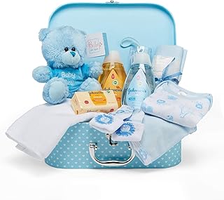 Baby Box Shop - 11 Newborn Baby Boy Gifts, Ideal for Baby Shower Gifts & Christenings - Baby Hamper in Blue Includes Baby Essentials for Newborn Boy & Plush Teddy Bear (Blue)