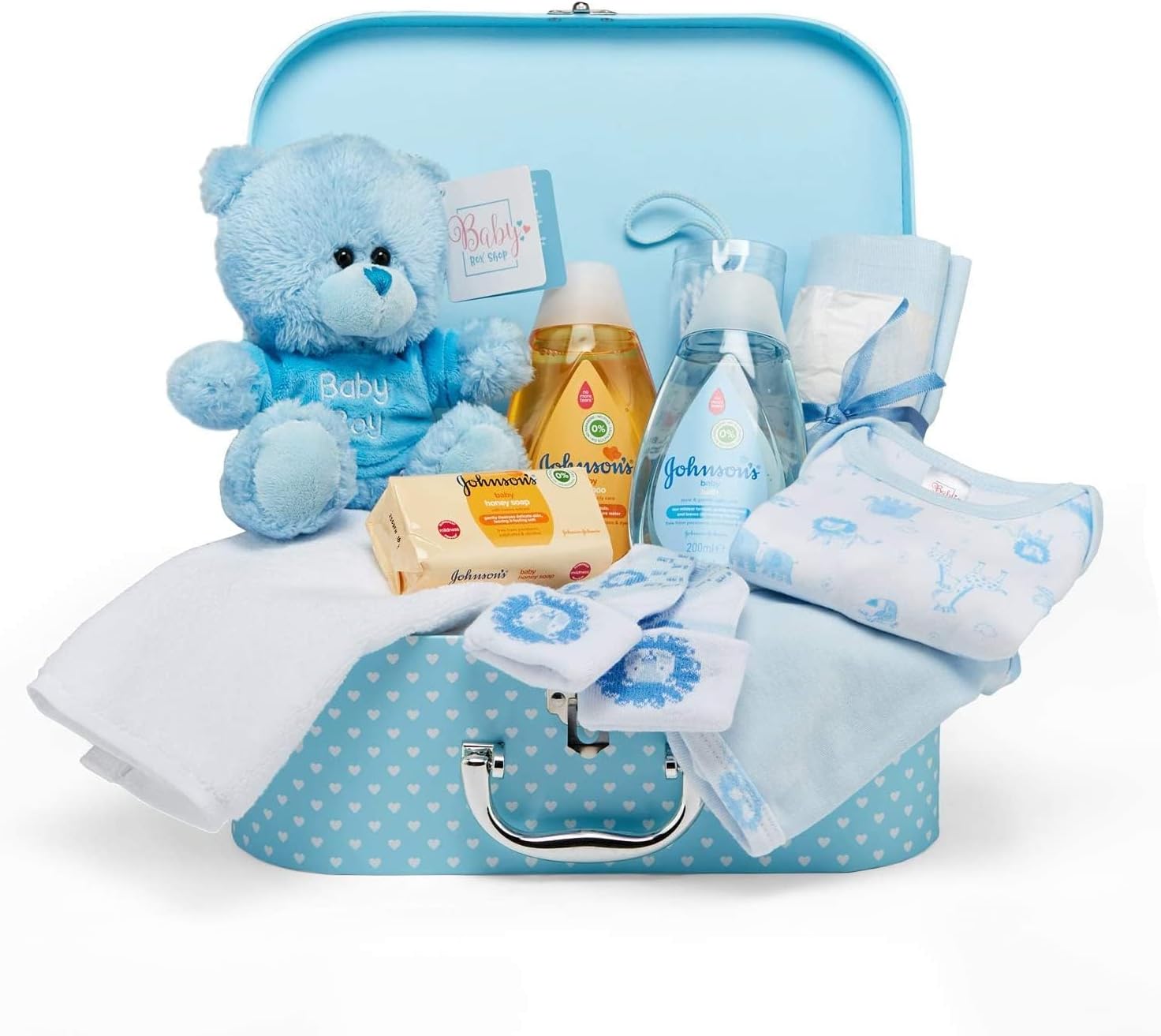 Baby Box Shop - 11 Newborn Baby Boy Gifts, Ideal for Baby Shower Gifts & Christenings - Baby Hamper in Blue Includes Baby Essentials for Newborn Boy & Plush Teddy Bear (Blue)-0