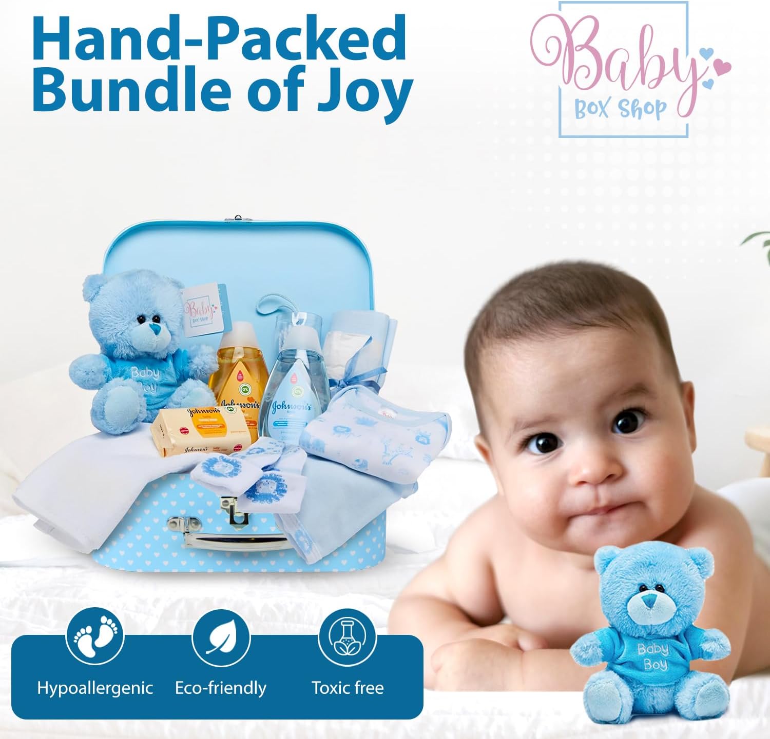 Baby Box Shop - 11 Newborn Baby Boy Gifts, Ideal for Baby Shower Gifts & Christenings - Baby Hamper in Blue Includes Baby Essentials for Newborn Boy & Plush Teddy Bear (Blue)-2