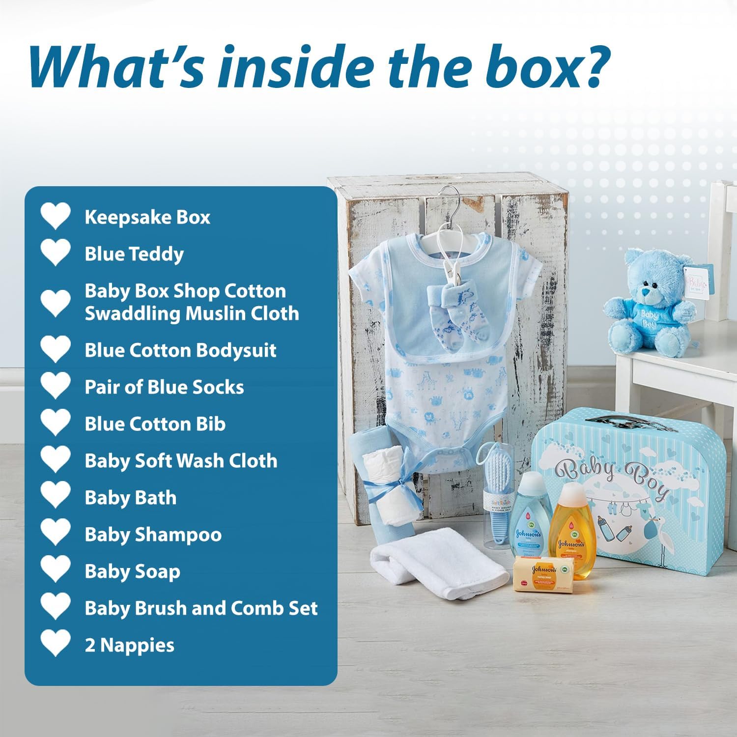 Baby Box Shop - 11 Newborn Baby Boy Gifts, Ideal for Baby Shower Gifts & Christenings - Baby Hamper in Blue Includes Baby Essentials for Newborn Boy & Plush Teddy Bear (Blue)-4