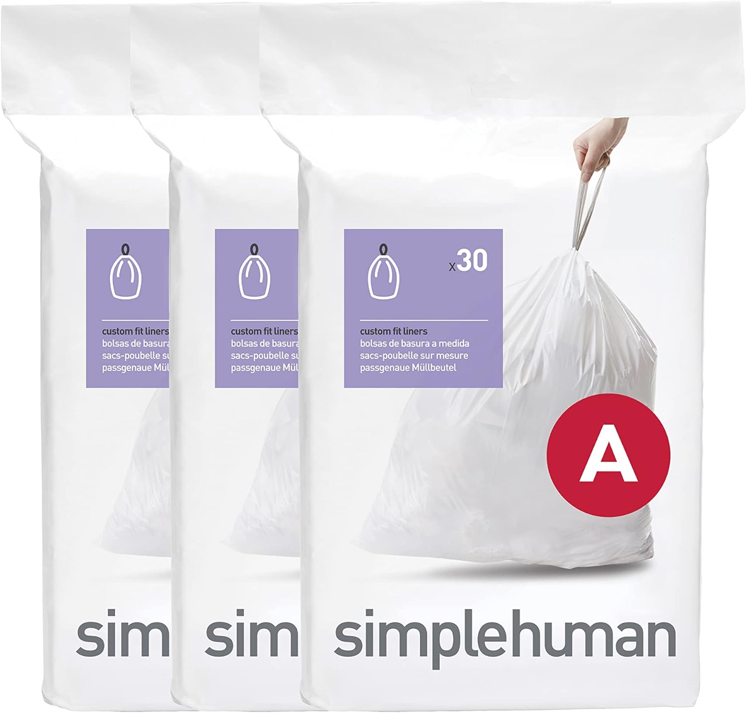 simplehuman CW0250 code A Custom Fit Bin Liner Bulk Pack, White Plastic (3 Pack of 30, Total 90 Liners)-0