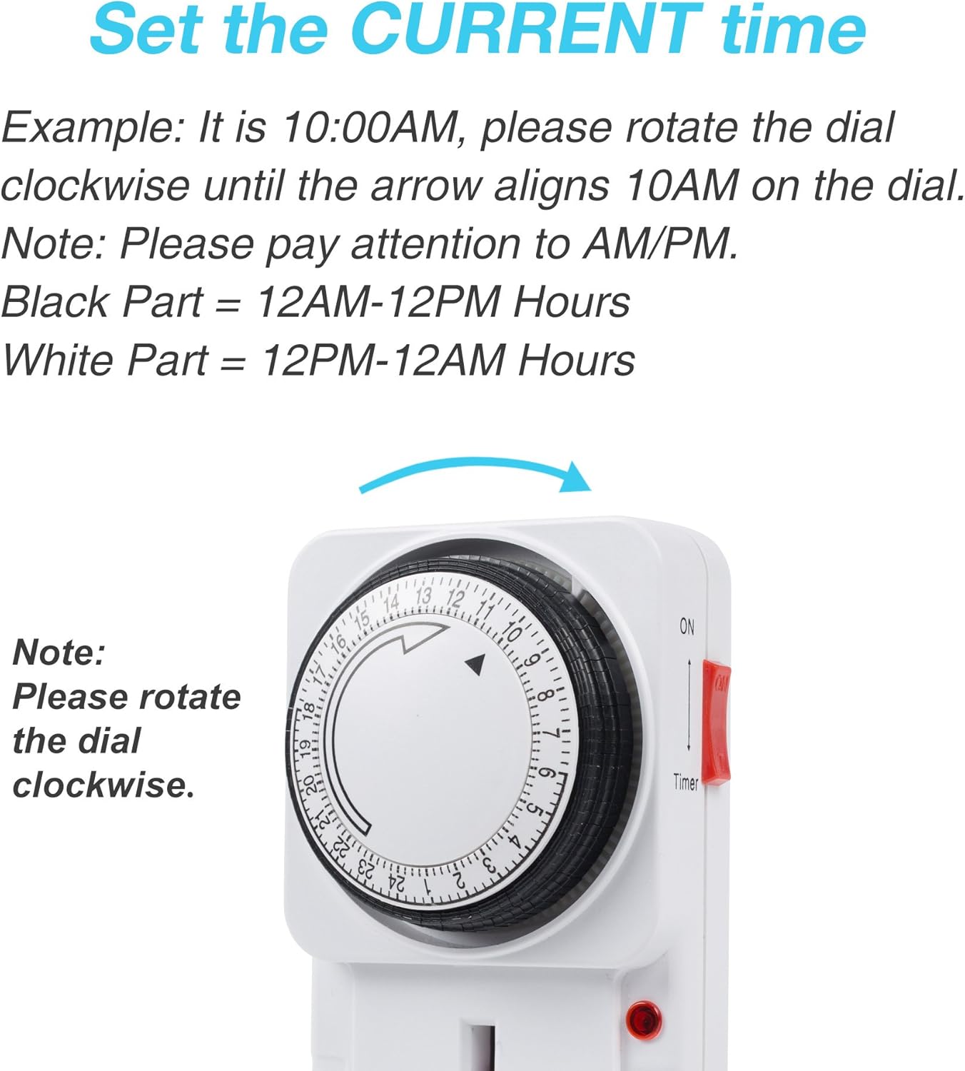 HBN 24 Hour Programmable Mechanical Timer Plug Switch, Energy Saving UK Plug-in Indoor Timer Socket for Lights, Lamp and Home Appliances (13A/3120W, 2 Pack)-4